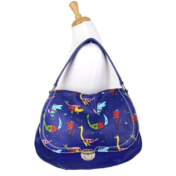 LRG DINO TSU KE PRINT BLUE GENUINE LEATHER SHOULDER BAG HANDBAG TOTE PURSE HOBO - Picture 1 of 12